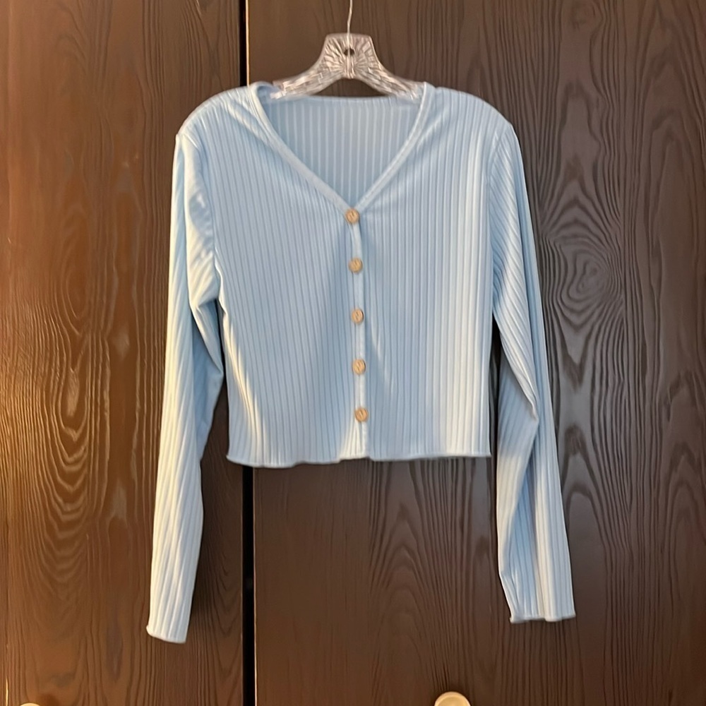 Unbranded powder blue, long sleeved, lightweight sweater. Size Large.